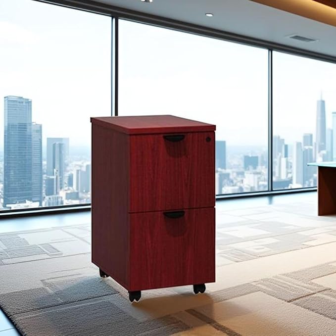 Compact Mobile Pedestal Mahogany Finish Under Desk File Cabinet Rolling Office Storage Drawer Unit Lockable Wood Organizer Furniture for Home Workspace Modern Executive Business Interiors