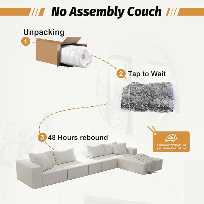 151'' Modular Sectional Sofa Couches Chenille Sleeper Deep Seat Sofa Bed Oversized Cloud Couch with 6 Pillows Free Combination Compression Sofa for Living Room (Beige 151)