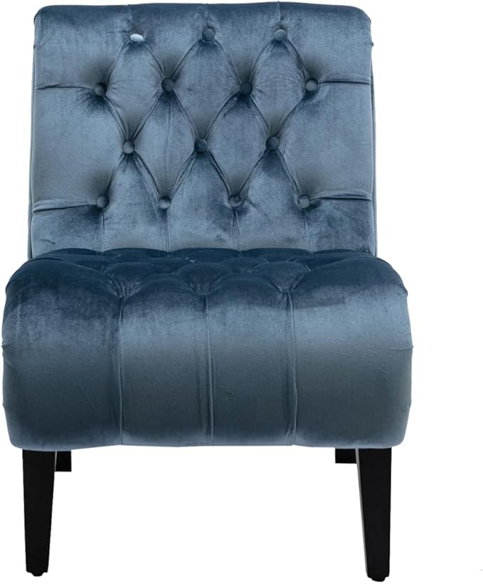 Modern Velvet Armless Accent Living Room Chair/Leisure Chair Upholstered Fabric Button Comfortable Chair with Wooden Legs for Bedroom Living Room Office (Light Blue Velvet)