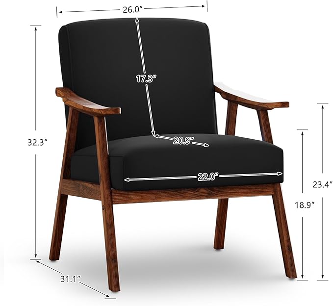 Mid Century Accent Chair Boho Farmhouse Accent Chairs for Living Room Retro Single Lounge Reading Armchair with Solid Wood Frame (Velvet Fabric in Black)