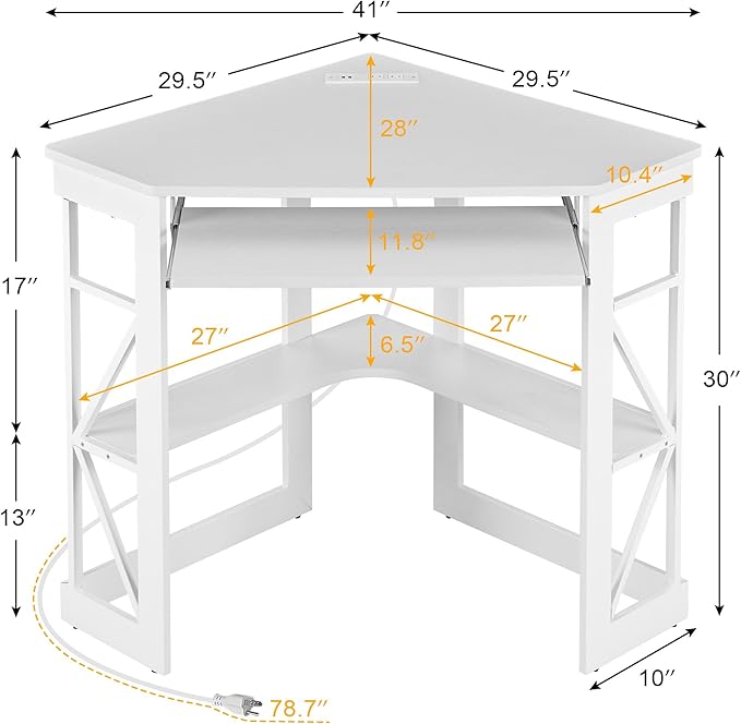 VECELO Corner Computer Desk 41x30 inch with Charging Station &amp Keyboard &amp Storage Shelves for Small SpaceTriangle Table for Home Office BedroomWhite