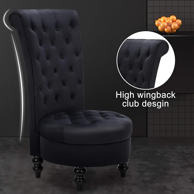 ECOTOUGE 2PC Velvet High Back Accent Chair for Living Room Royal Design Throne Chairs with Upholstered Tufted for Bedroom Black