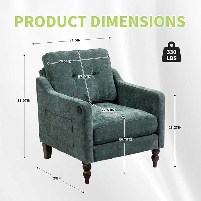 Accent Chair for Living Room Mid-Century Armchairs for Small Spaces Chenille Upholstered Comfy Reading Armchair with Studded for Bedroom (Dark Green-B)