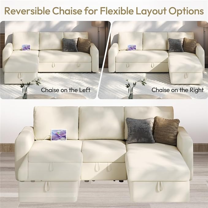 Yaheetech Sectional Sofa L-Shaped Sofa Couch Bed w/Chaise &amp USB Reversible Couch Sleeper w/Pull Out Bed &amp Storage Space Living Room Beige