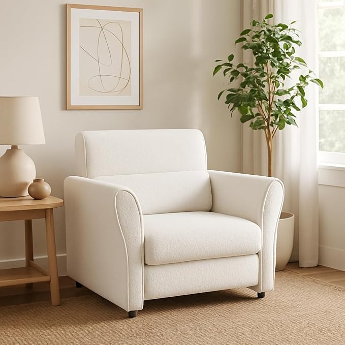 IDEALHOUSE Modern Accent Chair for Bedroom Upholstered Reading Armchair Furry Sherpa Boucle Chair Mid-Century Lounge Comfy Single Sofa for Living Room Home Office Ivory