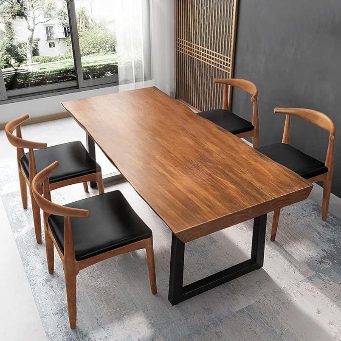 Modern Minimalist Solid Wood Office Desk with Metal Base Easy to Assemble Durable Writing Table Dining Table Computer Desk Multiple Ideal for Living Room and Dining Room (55inch)