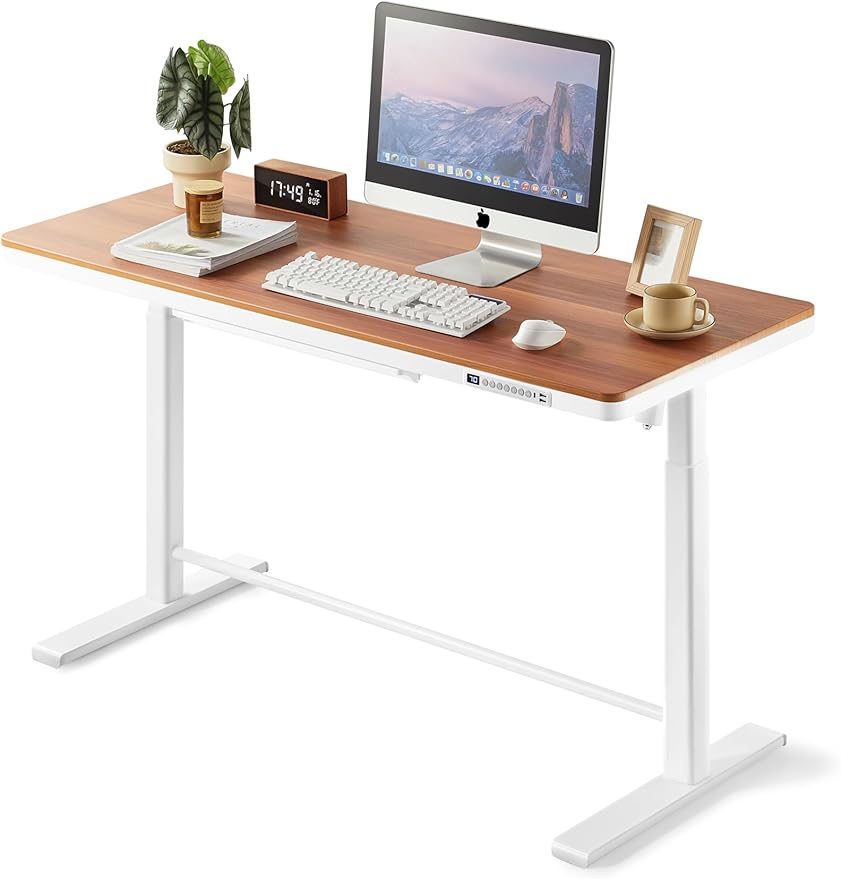 KINGSMITH 55x24 Inches Whole Piece Electric Standing Desk with Drawer Height Adjustable Stand up Desk for Home Office Ergonomic Sit to Stand Desk Computer Workstation Light Red