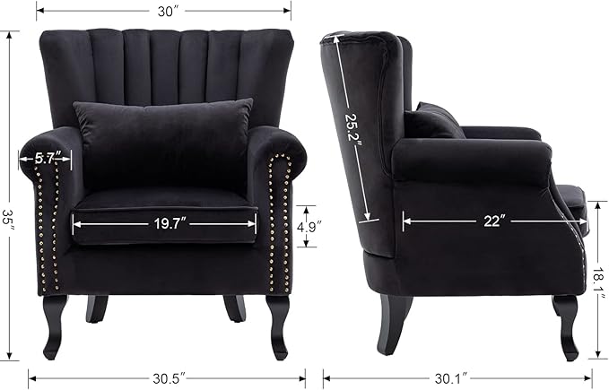 Mid Century Modern Accent Chair Upholstered Armchair Comfy Velvet Fabric Single Sofa with Lined Wingback for Small Spaces Bedroom Living Room Velvet Black 30.1D x 30.5W x 35H in