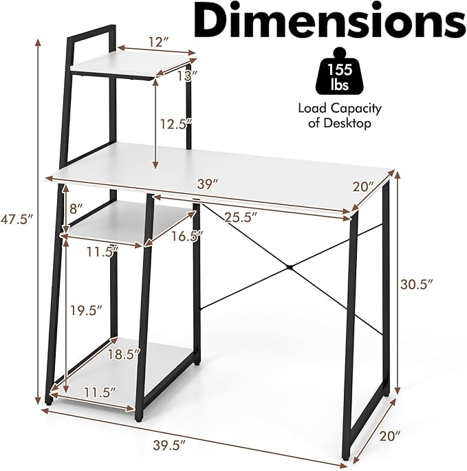 POWERSTONE 40 Computer Desk with 4-Tier Storage Shelves Home Office Corner Desk Writing Study Workstation Table for Small Space White