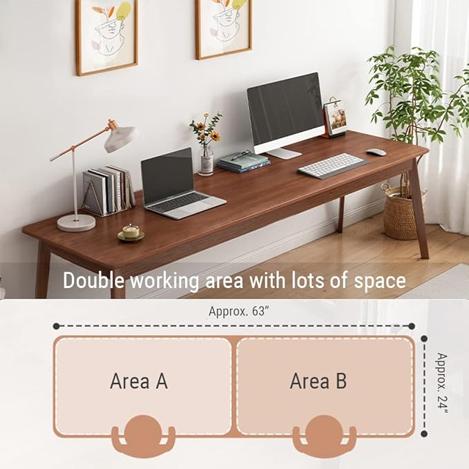 Mid-Century Long Desk Table - 63 Simple Modern Extra Long 2-Person Wood Computer Workstation for Home Office Work in Walnut 63 W x 24 D