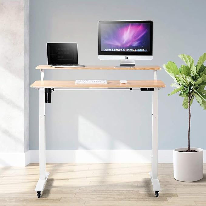 UNICOO Electric Height Adjustable 2-Tier Raising Desk with Wheels Mobile Standing Desk with Monitor Stand Ergonomic Adjustable Computer Table Electric Standing Game Table for Home Office