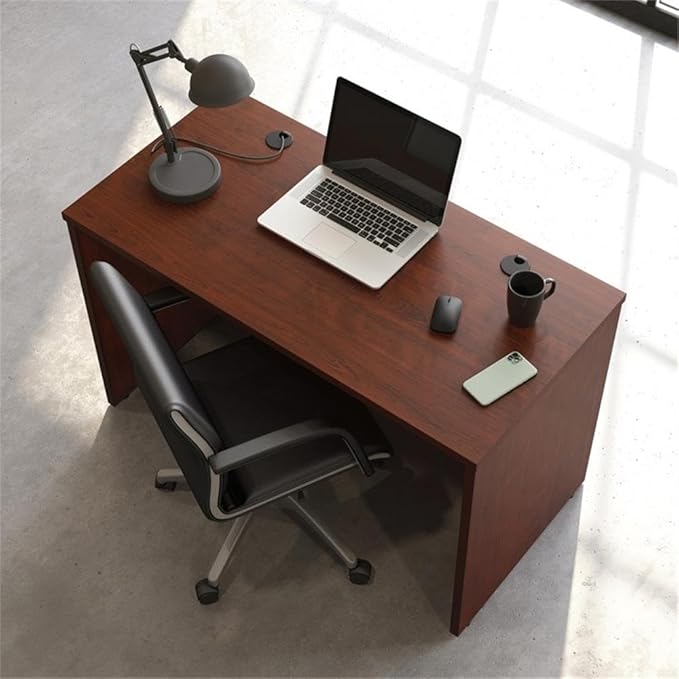 Pemberly Row 48 x 24 Computer Desk Engineered Wood Classic Cherry Finish Durable Melamine Top with Cord Management Adjustable Levelers Heat/Stain/Scratch Resistant Home Office Desk