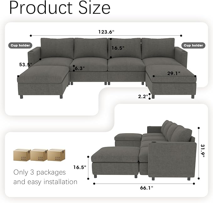 123 Modular Sectional Sofa Couch Convertible U Shaped Sectional Couches with Storage Ottoman 6 Seat Modern Sofa Set for Living Room and Office Grey