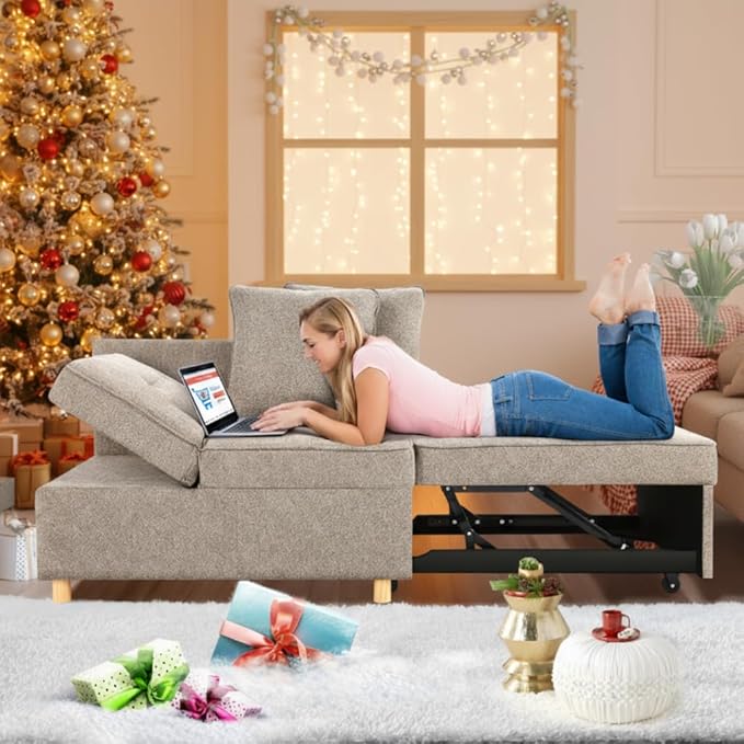 SEJOV Sofa Bed Chair 4-in-1 Convertible Chair Bed 3-Seat Linen Fabric loveseat Sofa with 2 Throw Pillow Single Recliner for Small Space with 5 Adjustable Backrest Brown Grey