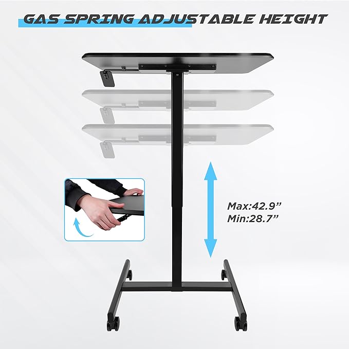 Mobile Laptop Computer Desk Height-Adjustable from 28.5 to 42.9 Pneumatic Adjustment Height Rolling Desk Mobile Table for Home and Office Black