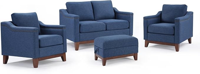 Modern 4 Piece Sofa Set with Rivets Included Chenille Accent Chair Set of 2 Upholstered Loveseat 2-Seater Couches with Solid Wood Legs Storage Ottoma Living Room Furniture SetBlue