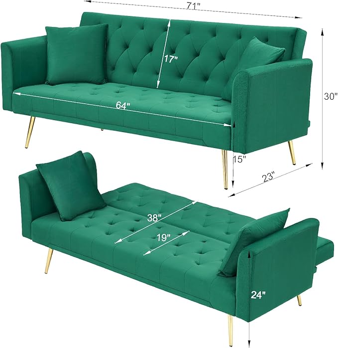 71 Velvet Futon Sofa Bed Convertible Sleeper Couch with 2 Pillows - Modern Loveseat Small Sofa 3-Angle Adjustable Backrest Golden Metal Legs for Living Room Bedroom Apartment Easy Assembly (Green)