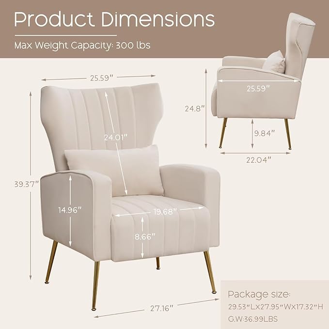Velvet Accent Chair Set of 2Wingback Armchair for Living Room HighBack Reading Chair with Golden Legs Lumbar Pillow Upholstered Single Sofa Comfy for Bedroom Apartment Small Spaces Beige