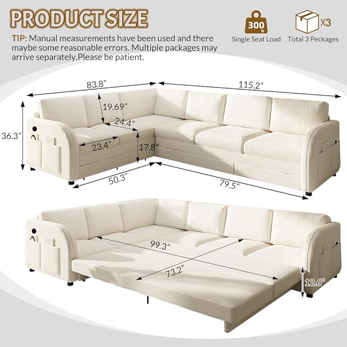 115.2 Sectional Sleeper Sofa with Pull Out Bed Comfy Teddy L Shaped Convertible Sleeper Couch Oversized Modern Modular Deep Seat Cloud Couches with USB Ports for Living Room Beige White
