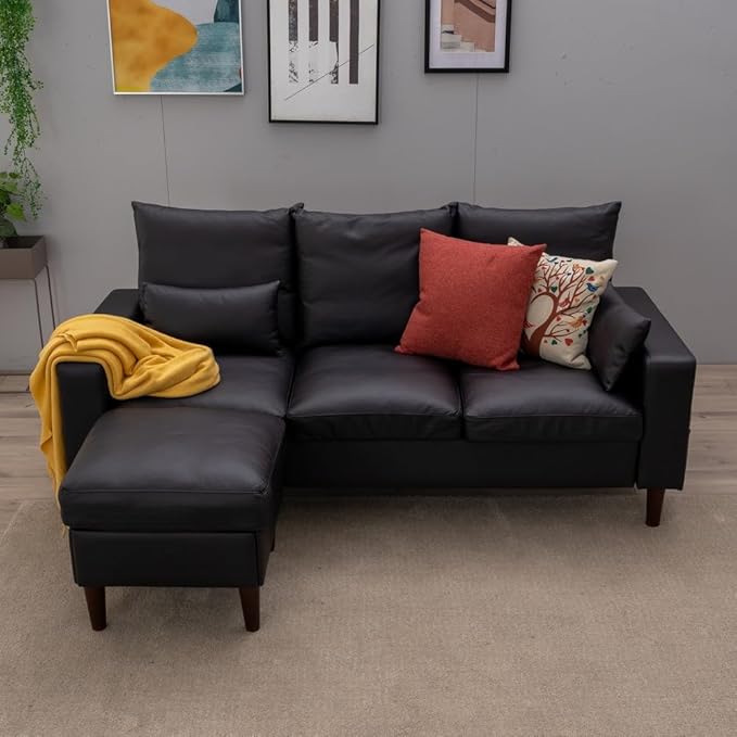 Panana Sectional Sofa Modern Deep 3-Seat Sofa Couch with Ottoman Upholstered Furniture for Living Room Apartment Studio Office (Black Artificial Leather Track Arms)