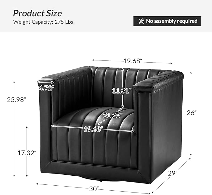 HULALA Home Faux Leather Swivel Accent Chair Boxy Silhouette Chair with Striped Arm Leather Barrel Chair with Herringbone Pattern(Black)