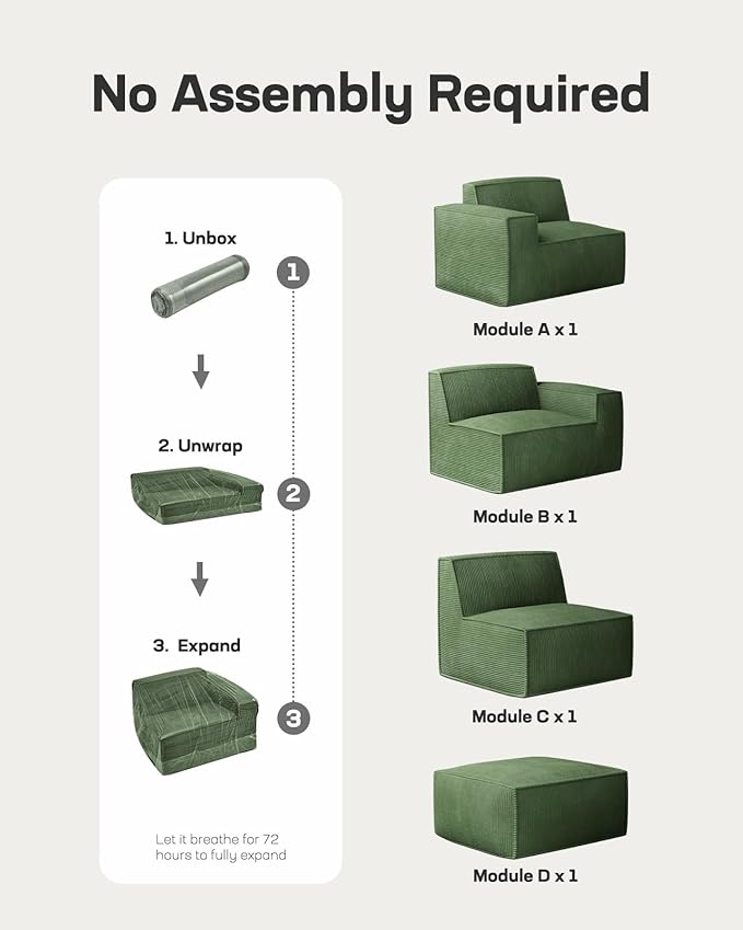 Marsail 111' Modular Sectional Sofa L-Shape Corduroy Cloud Couch with Deep Seat Freely Combinable Boneless Sofa for Living Room No Assembly Required Dark Green
