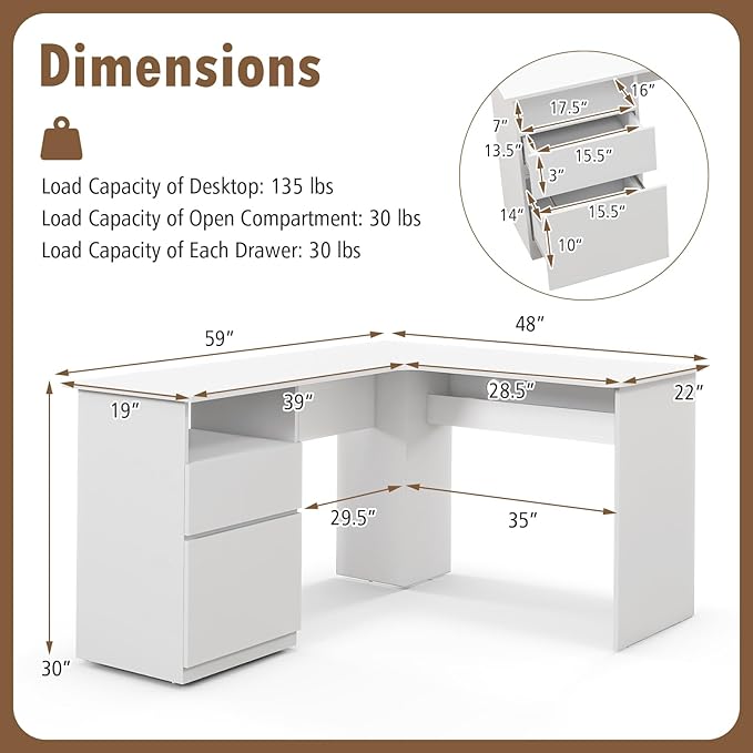 Giantex L Shaped Computer Desk with Drawers 59 Corner Desk Workstation with Storage Shelf &amp Cable Holes Large Executive Office Desk Modern Study Writing Table for Home Office (White)