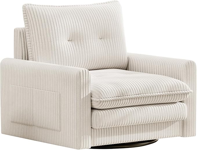 Cozy Swivel Accent Chair Modern Oversized Single Sofa with Armrest Comfy Upholstered Armchair Sofa Large Corduroy Accent Chair for Living Room Bedroom Reading Room Cream Beige