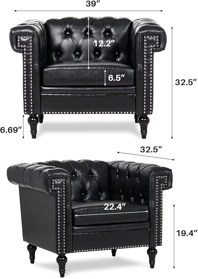Modern Black Chesterfield Armchair - Faux Leather Upholstery with Tufted Back Club Wingback - Ergonomic Accent Chair for Living Room Office Bedroom Study