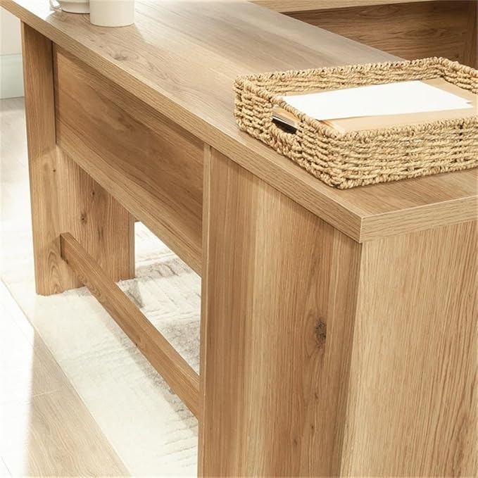 Pemberly Row Farmhouse L-Shape Engineered Wood Desk Timber Oak Finish 29.76 H x 65.12 W x 59.84 D File Drawer Open Shelf Home Office Desk for Storage &amp Organization