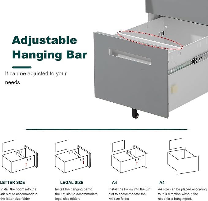 2 Drawer Mobile File Cabinet with Lock &amp Wheel Under Desk Rolling Vertical Filing Cabinet Anti-Tipping Design Metal Storage Cabinet for Legal Letter A4 (Gray)