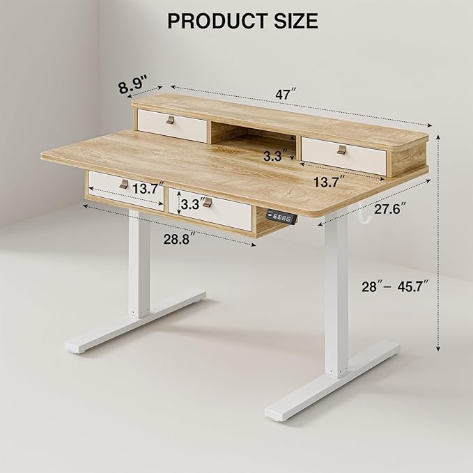Grandder 47 Inch Electric Standing Desk with Four Drawers Sit to Stand Up Height Adjustable Desk with Storage Shelf for Home Office Study Ergonomic Adjustable Computer Desk Oak