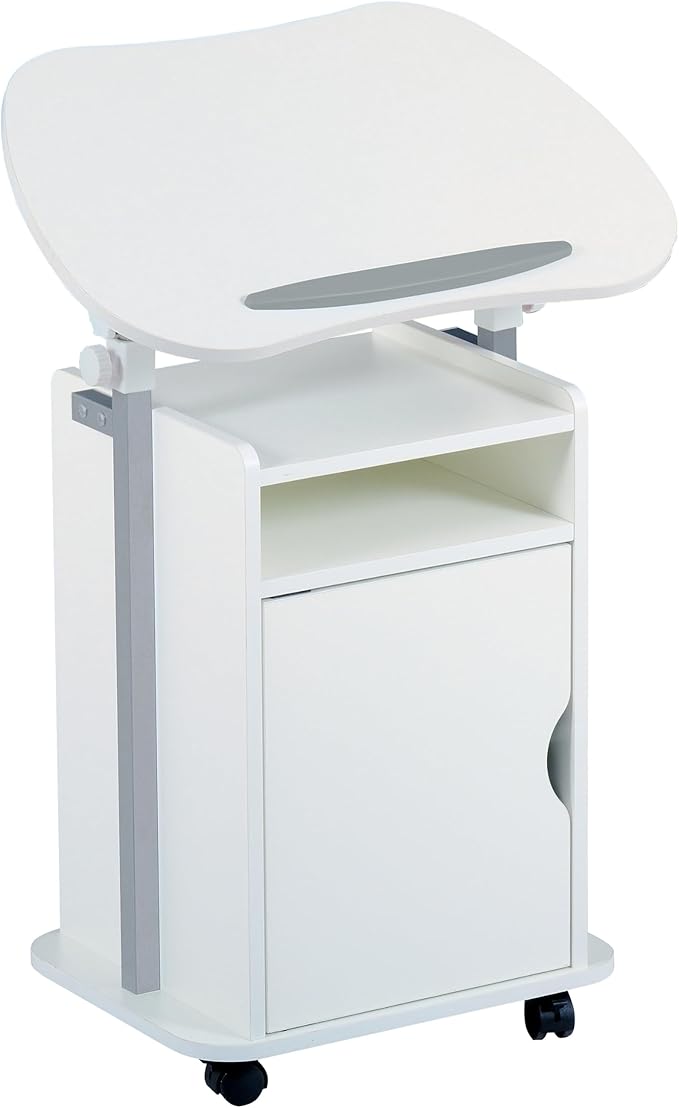 Techni Mobili Adjustable Laptop Cart with Storage Rolling Mobile Workstation Desk with Cabinet Shelf &amp Locking Wheels. Height Adjustable Sit to Stand for Home Office Bedside or Classroom (Whit