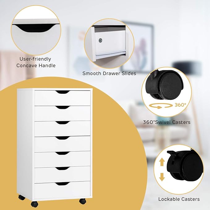 7 Drawers Filing Cabinet Vertical File Cabinet for Home Office Mobile Under Desk Office Storage Cabinets with Wheels (White 7 Drawers)