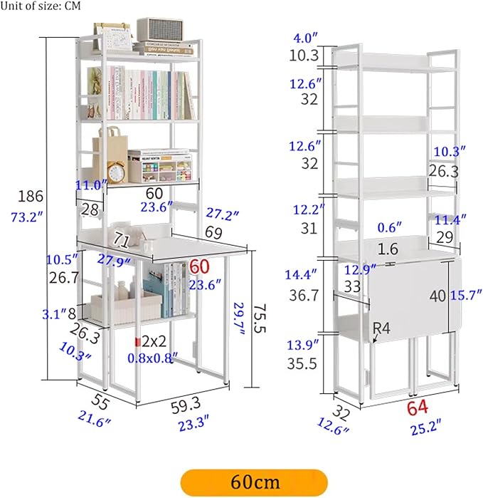 2-in-1 Bookshelf Desk Combo Folding Desk with Storage Shelf 5 Tier Bookshelf with Foldable Table White Carbon Steel Storage Rack with Wood Writing Desks for Home Office (23.6″)