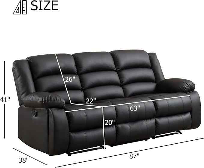 EBELLO Faux Leather Manual Reclining Sofa with 2 Concealed Cup Holders Overstuffed Armrest 3 Seat Recliner Sofa Couch for Living Room Meeting Room Bedroom Black