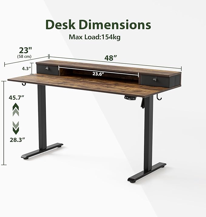 Agilestic 48 x 24 Inches Electric Standing Desk with 2 Storage Drawers Adjustable Height Sit and Stand Computer Table with Splice Board Dark Walnut