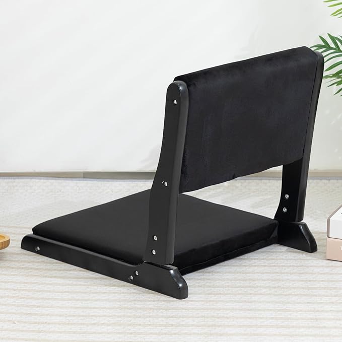 HollyHOME Foldable Tatami Chair Upholstered Japanese Style Floor Seat Wood Legless Back Rest With Cushion Accent Meditation for Bay Window Living Room Bedroom Black