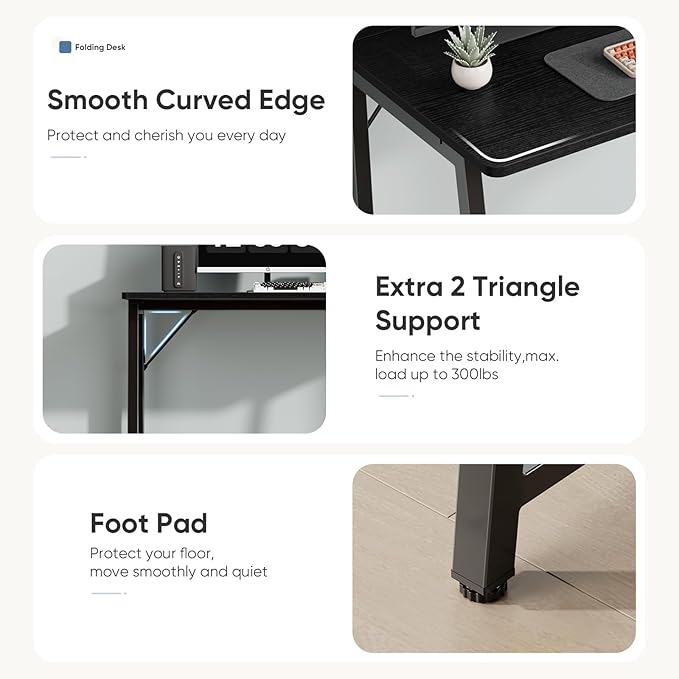 DUMOS 31.5 Inch Folding Desk Foldable Computer Table for Small Spaces Metal Frame Gaming Writing Work Station Mini Home Office Surface Black