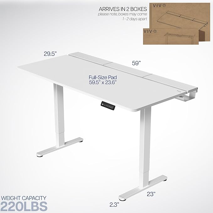 VIVO Electric 60 x 30 inch Standing Desk with Concealed Trays and Full-Size Mouse Pad Dual Motor Memory Controller Height Adjustment White Top White Frame DESK-KIT-E2W-P3W
