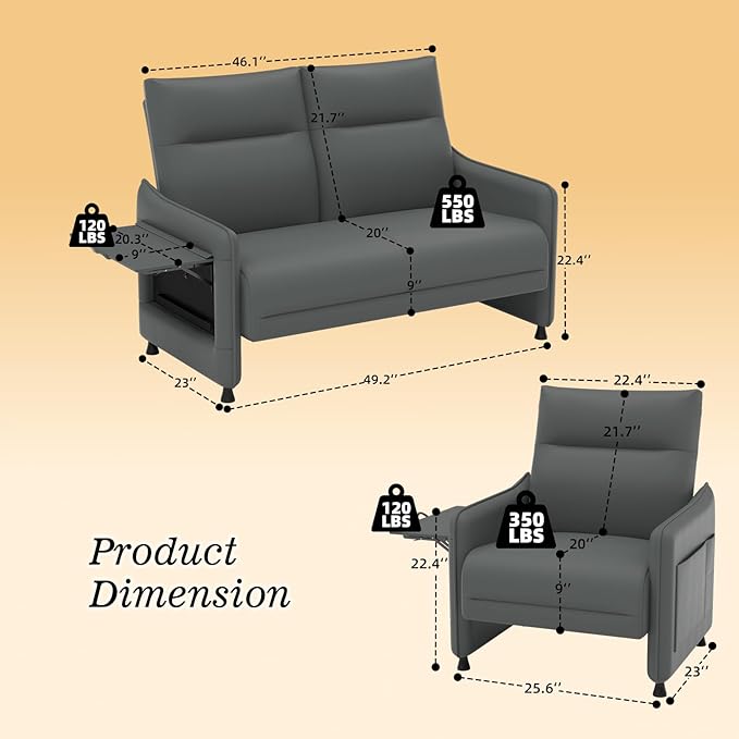 Faux Leather Sectional Couches for Living Room 3 Piece Loveseat and Chair Set with Flip Up Tray Tables Side Pockets Modern Modular Sectional Sofa for Office2-Seat+1-Seat+1-SeatGray