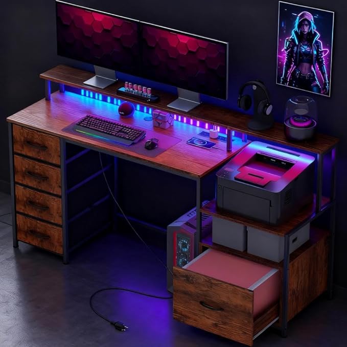 66.9'' Gaming Desk with 4 Fabric Drawers &amp File Cabinet Modern Computer Desk with Power Outlets and LED Lights Home Office Desk PC Desks for Home Office Study (Brown)