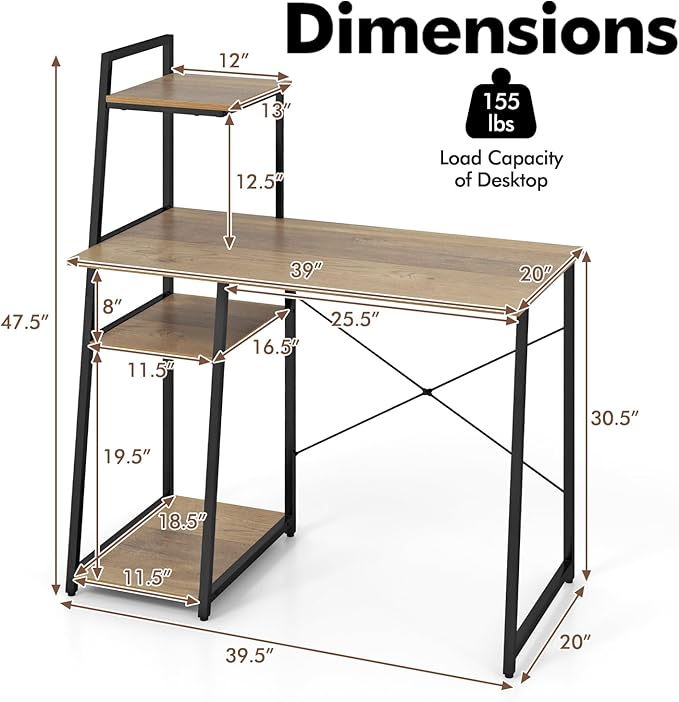 POWERSTONE 40 Computer Desk with 4-Tier Storage Shelves Home Office Corner Desk Writing Study Workstation Table for Small Space Natural