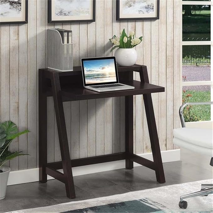 Pemberly Row Contemporary Two-Tier Desk Espresso Wood Finish 34.5 in x 22 in x 35 in Sturdy Manufactured Wood with Cable Management Shelving Modern Home Office Desk for Workspace Organization