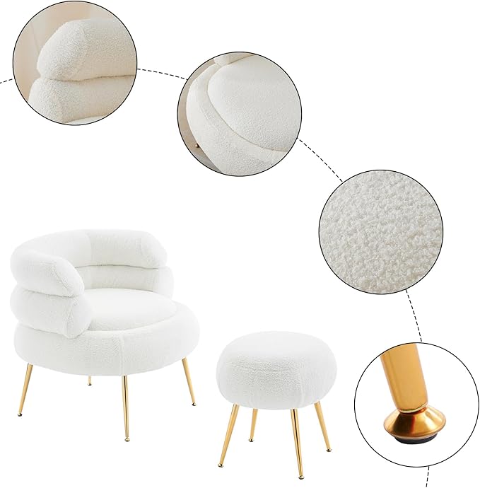Modern Accent Chair with OttomanSoft Teddy Velvet Armchair with Golden Metal LegsComfy Reading Lounge Chairs for Living RoomBedroom (Beige)