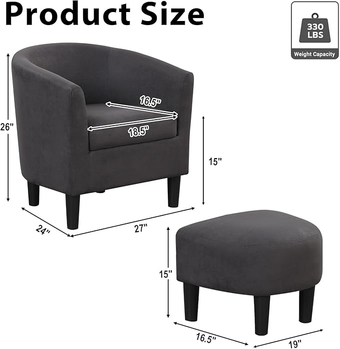 INZOY Modern Accent Chair with Ottoman for Small Space Club Chair with Ottoman Set Comfy Fabric Barrel Reading Chairs for Living Room Bedroom Round Reading Chair with Foot Rest Dark Grey