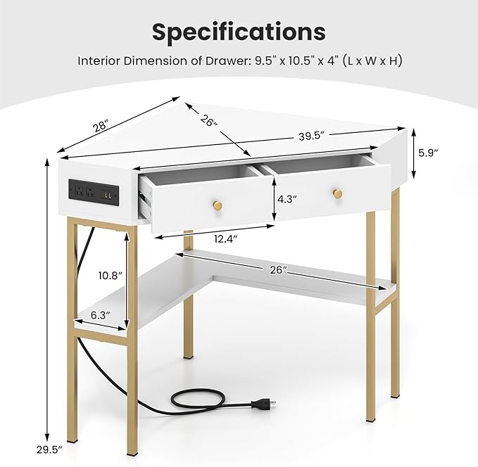 Corner Desk with Charging Station 90° Triangle Desk w/ 2 Drawers Storage Shelves Corner Vanity Table for Bedroom Compact Computer Desk for Small Space