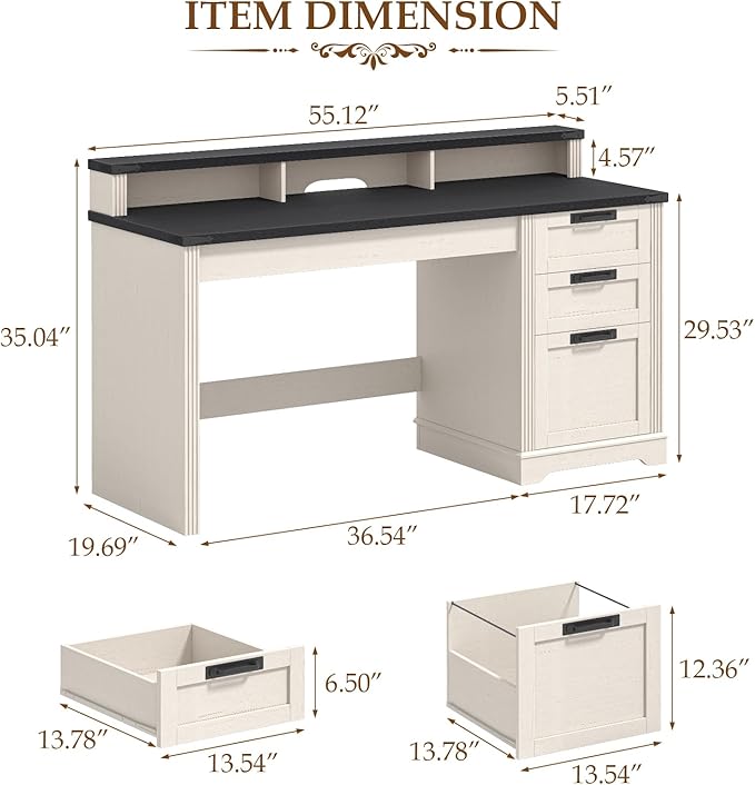 Vabches 55 Farmhouse Executive Desk with 3 Drawers Wooden Computer Desk with Keyboard Tray Home Office Desk with File Drawer (Fits A4 Size) for Work and Study White and Black