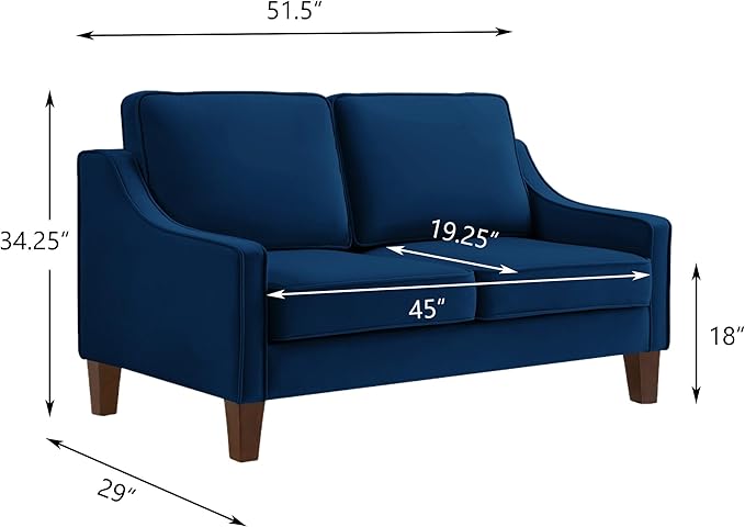 Velvet Upholstered Loveseat Sofa Modern Small 2-Seater Couch with Wooden Legs for Livingroom BedroomEasy to InstallNavy