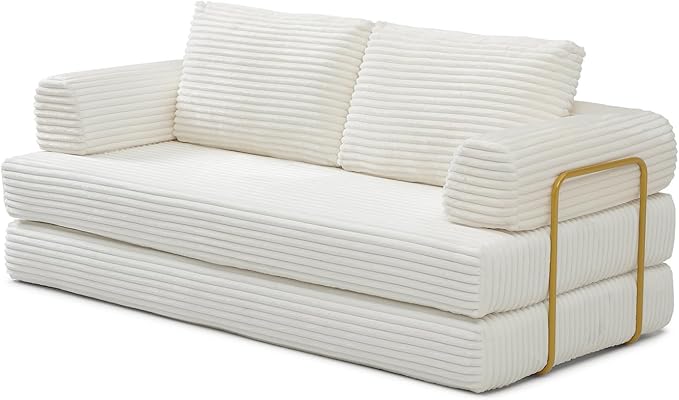 80” Convertible Sleeper Sofa Bed High Back Plush Corduroy Boneless Futon Loveseat with Pull Out Bed Fixed-Shape Folding Floor Mattress Couch No Assembly Required (Beige)